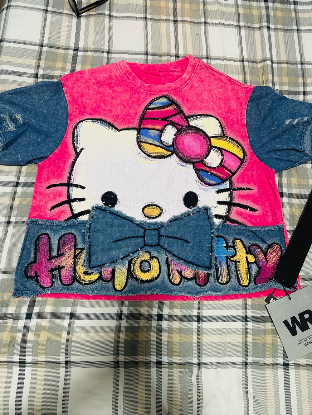 Hello Kitty Pink Tee with Blue Denim-Style Accents
